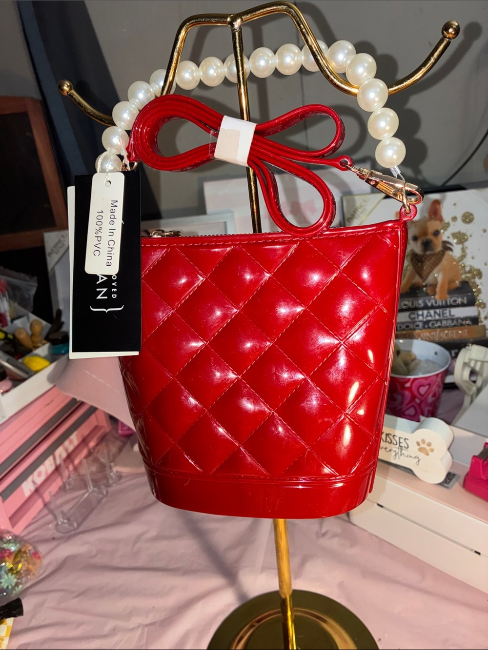 Quilted Patent Mini Bucket Bag with Pearl Handle - Red
